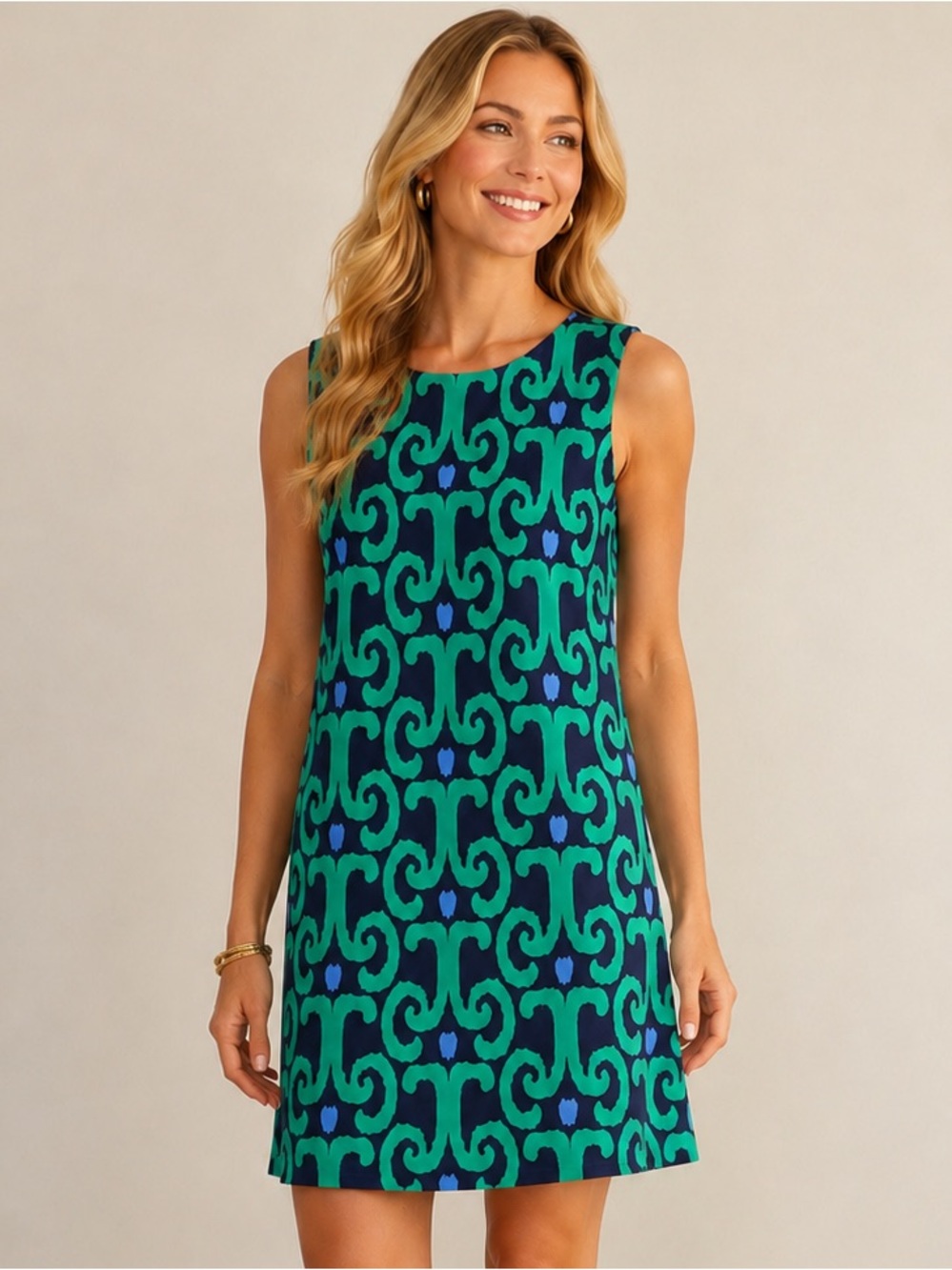 Jude Connally XS Navy Green Ikat Print Sleeveless Stretch Shift Dress USA